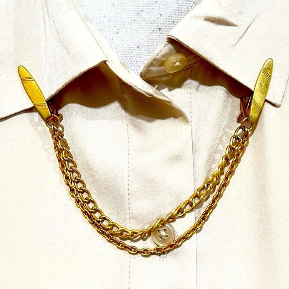 Vintage art deco Gold Chain sweater tie bar double chain patent number mark - Picture 2 of 7